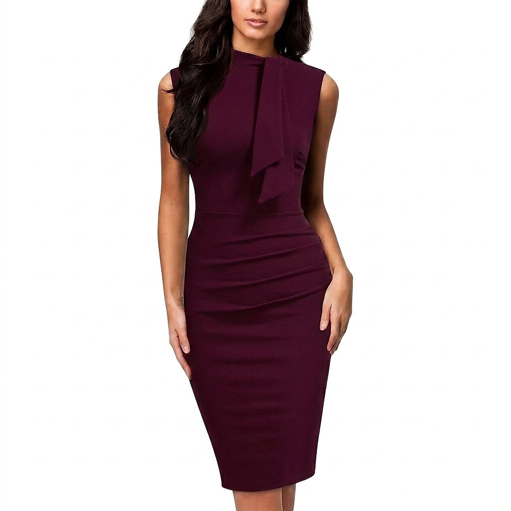 Vestido midi ajustado sin mangas para mujer con lazo en el cuello-Midi Dress-Casaluzia