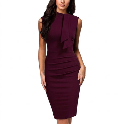 Vestido midi ajustado sin mangas para mujer con lazo en el cuello-Midi Dress-Casaluzia