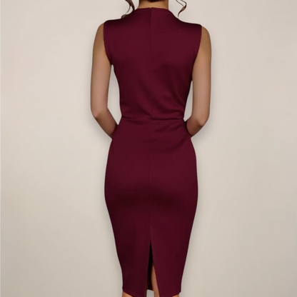 Vestido midi ajustado sin mangas para mujer con lazo en el cuello-Midi Dress-Casaluzia