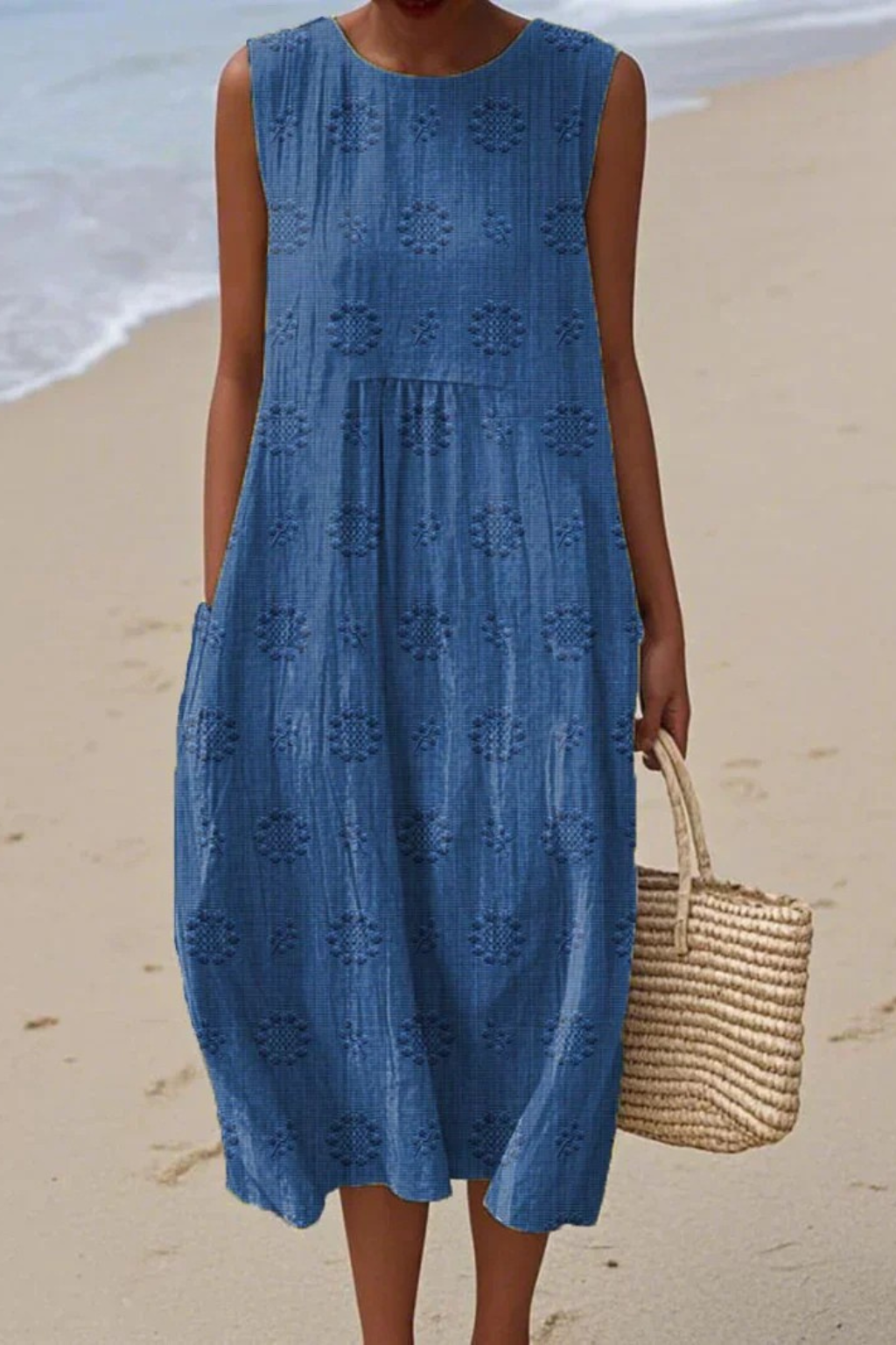 Vestido midi bordado sin mangas para mujer-Midi Dress-Casaluzia