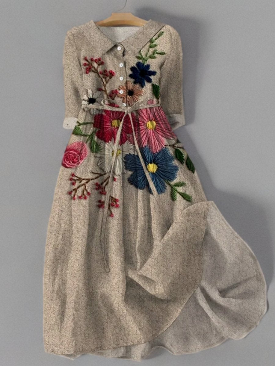 Vestido midi con botones y bordado floral para mujer-Midi Dress-Casaluzia