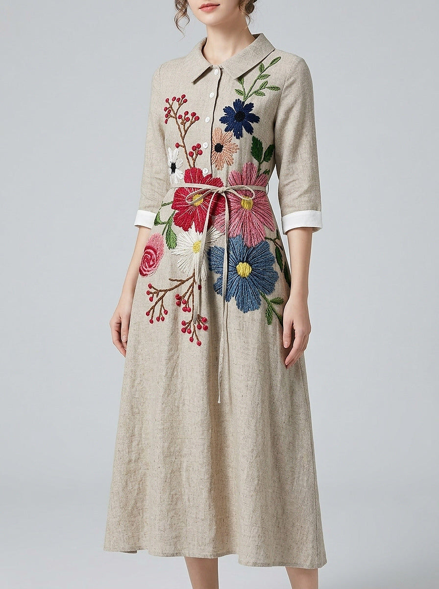 Vestido midi con botones y bordado floral para mujer-Midi Dress-Casaluzia
