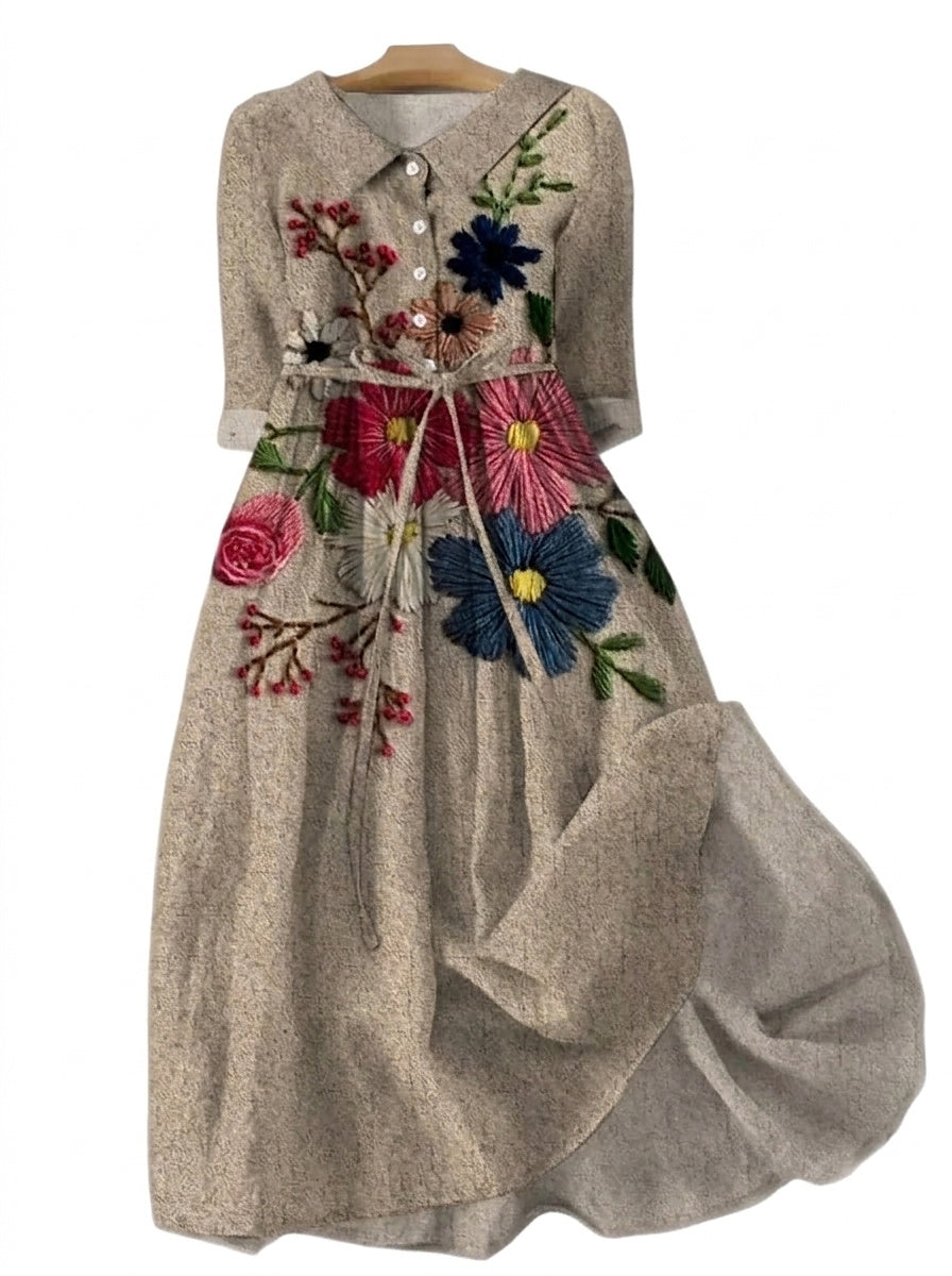 Vestido midi con botones y bordado floral para mujer-Midi Dress-Casaluzia