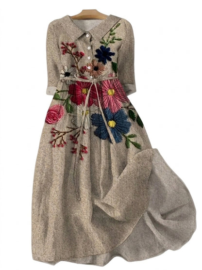 Vestido midi con botones y bordado floral para mujer-Midi Dress-Casaluzia