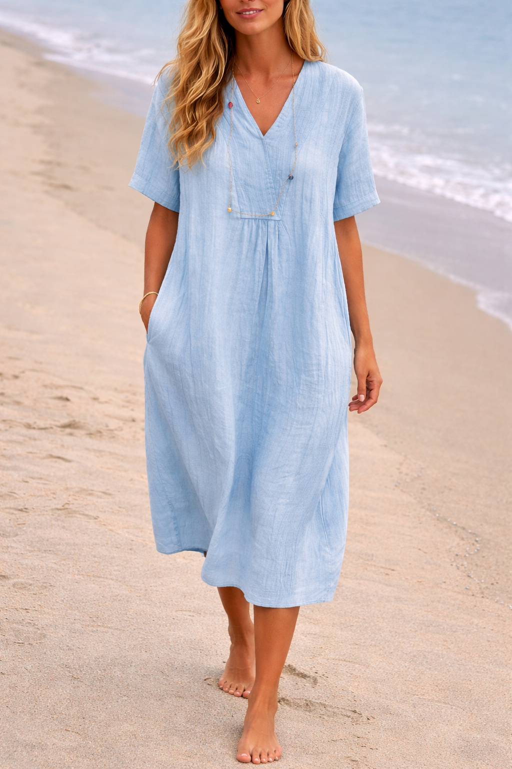 Vestido midi con cuello en V y bolsillos laterales para mujer-Midi Dress-Casaluzia