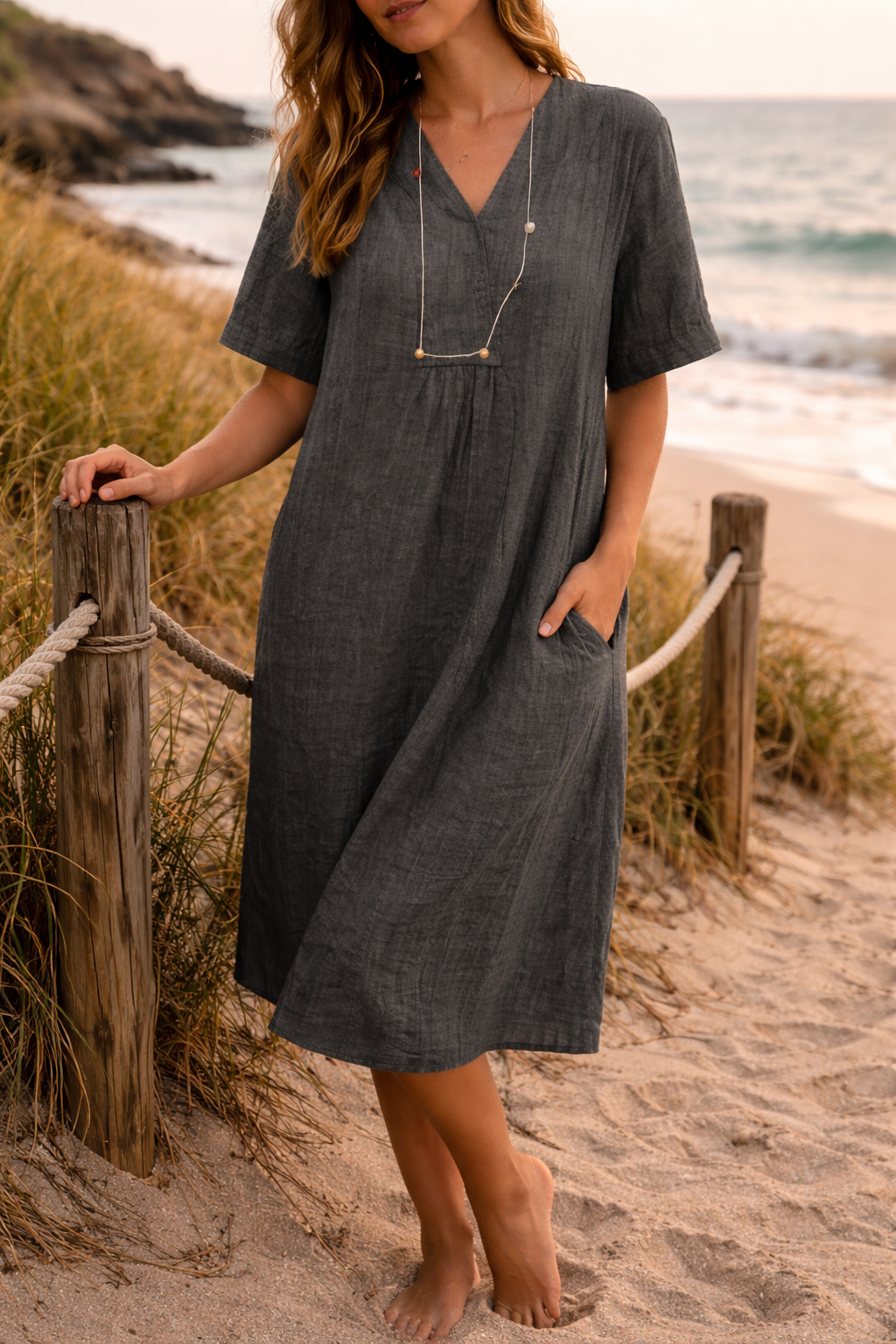 Vestido midi con cuello en V y bolsillos laterales para mujer-Midi Dress-Casaluzia