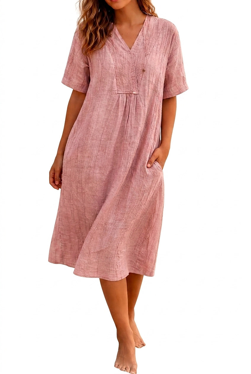 Vestido midi con cuello en V y bolsillos laterales para mujer-Midi Dress-Casaluzia