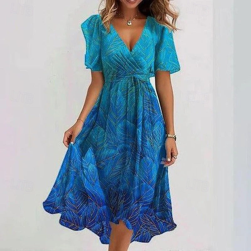 Vestido midi con cuello en V y estampado floral para mujer-Midi Dress-Casaluzia