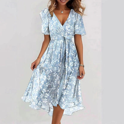 Vestido midi con cuello en V y estampado floral para mujer-Midi Dress-Casaluzia