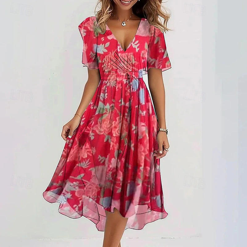 Vestido midi con cuello en V y estampado floral para mujer-Midi Dress-Casaluzia