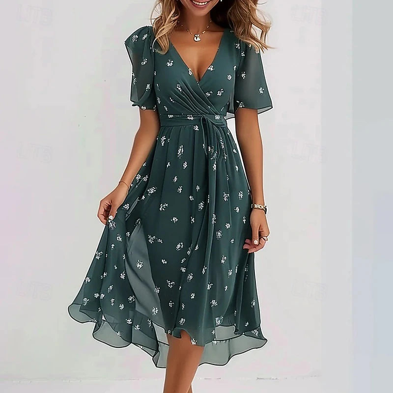 Vestido midi con cuello en V y estampado floral para mujer-Midi Dress-Casaluzia