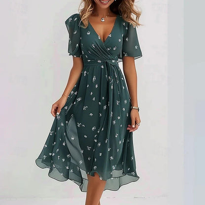 Vestido midi con cuello en V y estampado floral para mujer-Midi Dress-Casaluzia