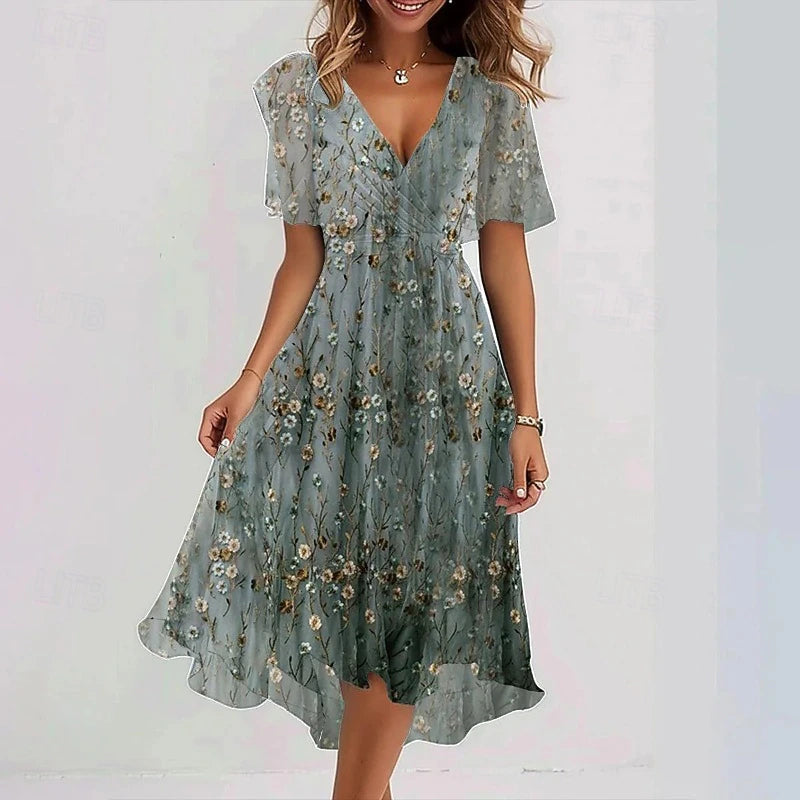Vestido midi con cuello en V y estampado floral para mujer-Midi Dress-Casaluzia