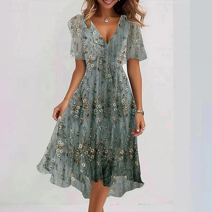 Vestido midi con cuello en V y estampado floral para mujer-Midi Dress-Casaluzia