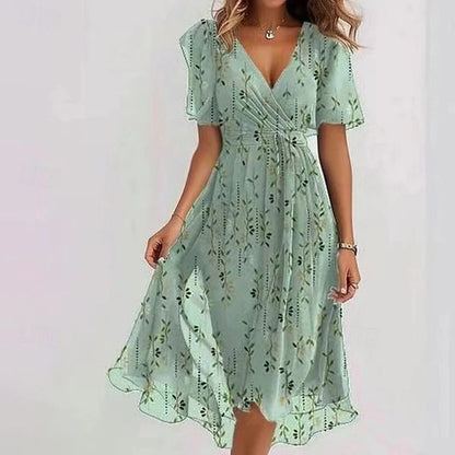 Vestido midi con cuello en V y estampado floral para mujer-Midi Dress-Casaluzia