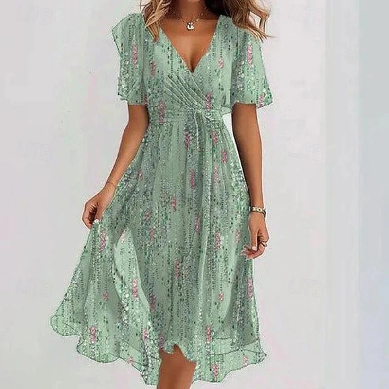 Vestido midi con cuello en V y estampado floral para mujer-Midi Dress-Casaluzia