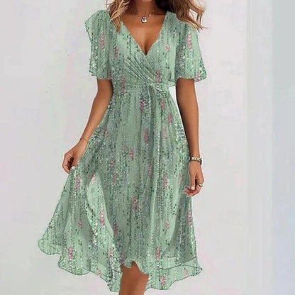 Vestido midi con cuello en V y estampado floral para mujer-Midi Dress-Casaluzia