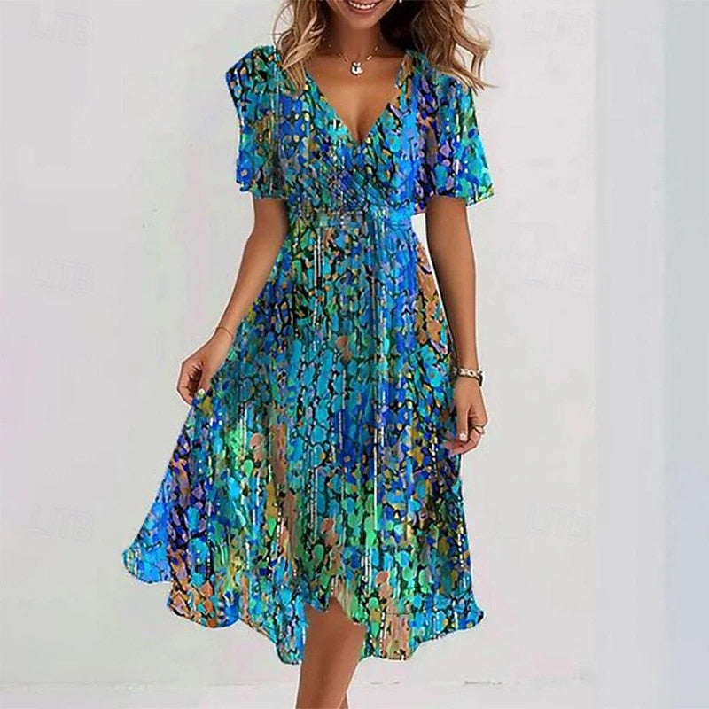 Vestido midi con cuello en V y estampado floral para mujer-Midi Dress-Casaluzia