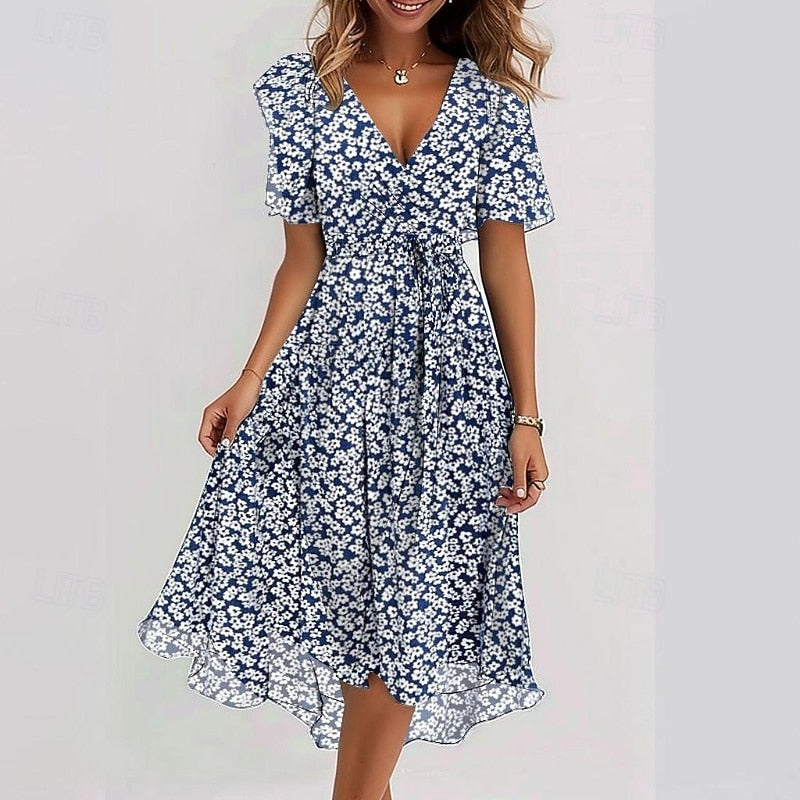 Vestido midi con cuello en V y estampado floral para mujer-Midi Dress-Casaluzia