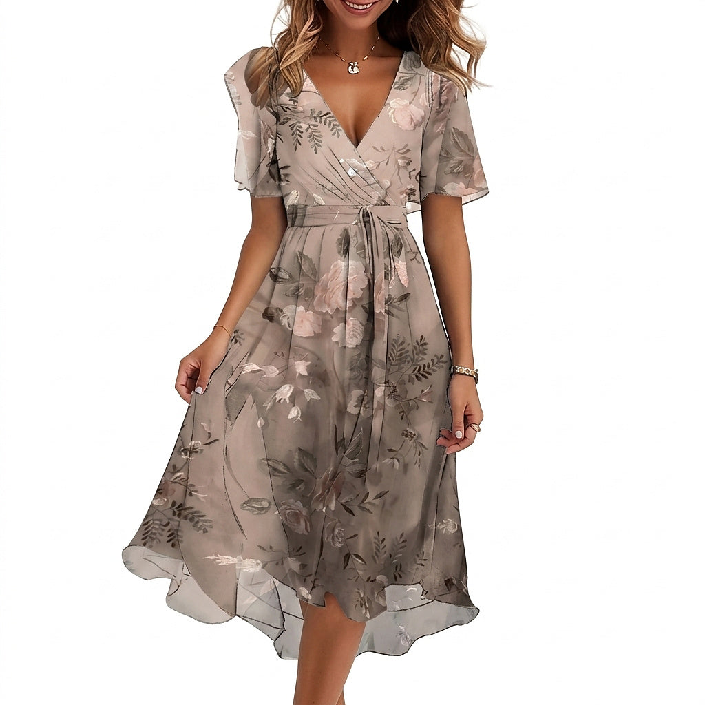 Vestido midi con cuello en V y estampado floral para mujer-Midi Dress-Casaluzia
