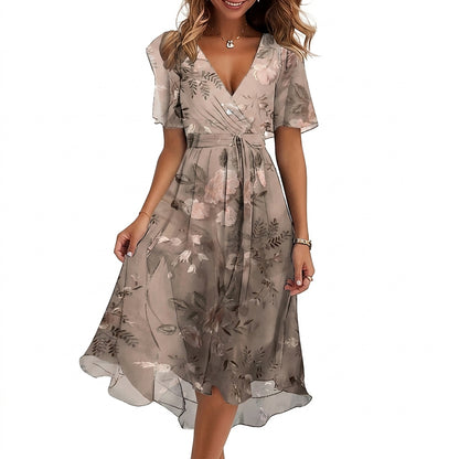 Vestido midi con cuello en V y estampado floral para mujer-Midi Dress-Casaluzia