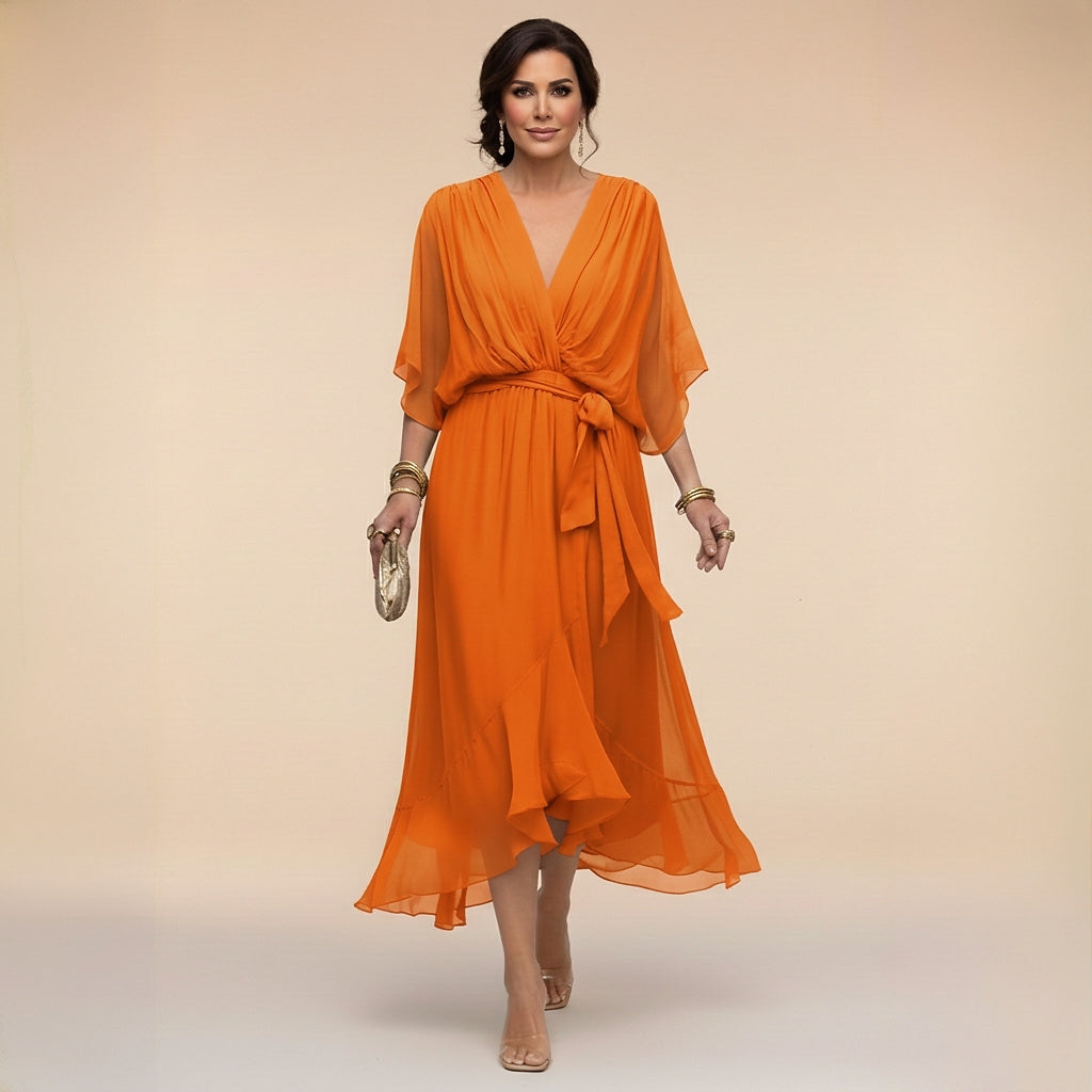Vestido midi con cuello en V y lazo en la cintura para mujer-Midi Dress-Casaluzia