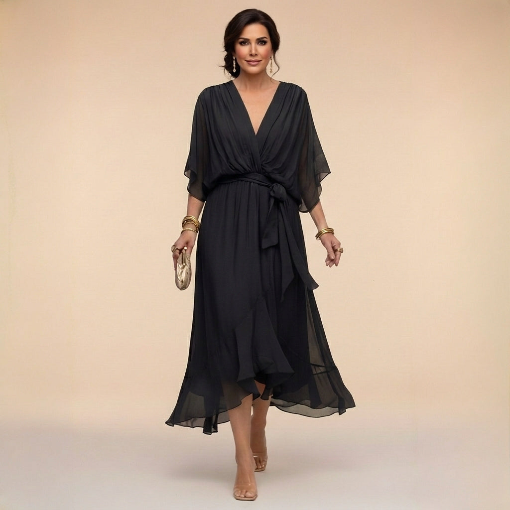 Vestido midi con cuello en V y lazo en la cintura para mujer-Midi Dress-Casaluzia