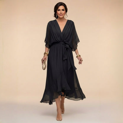 Vestido midi con cuello en V y lazo en la cintura para mujer-Midi Dress-Casaluzia