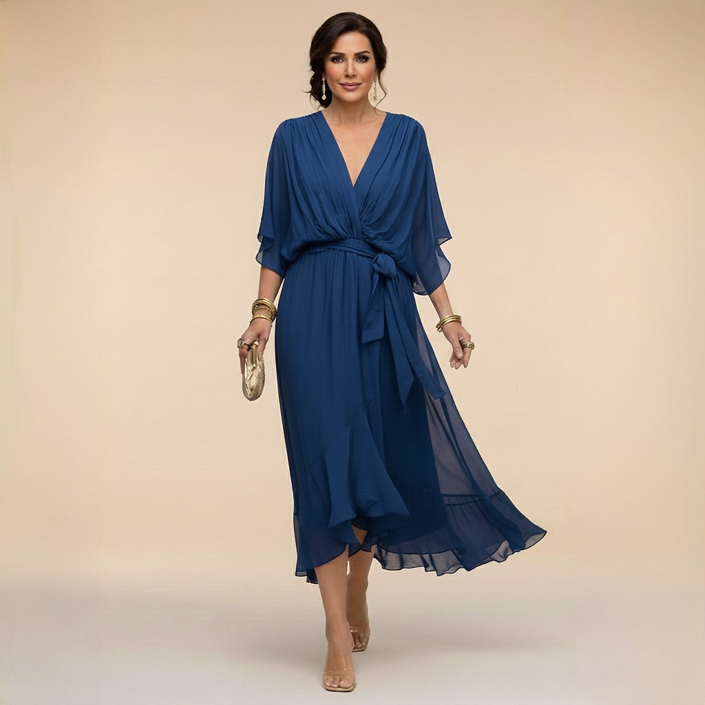Vestido midi con cuello en V y lazo en la cintura para mujer-Midi Dress-Casaluzia