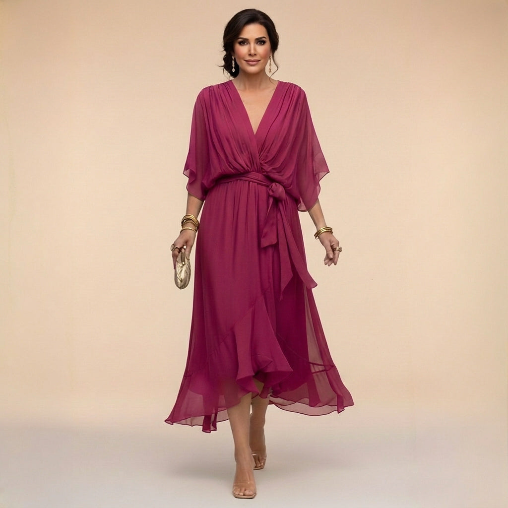 Vestido midi con cuello en V y lazo en la cintura para mujer-Midi Dress-Casaluzia