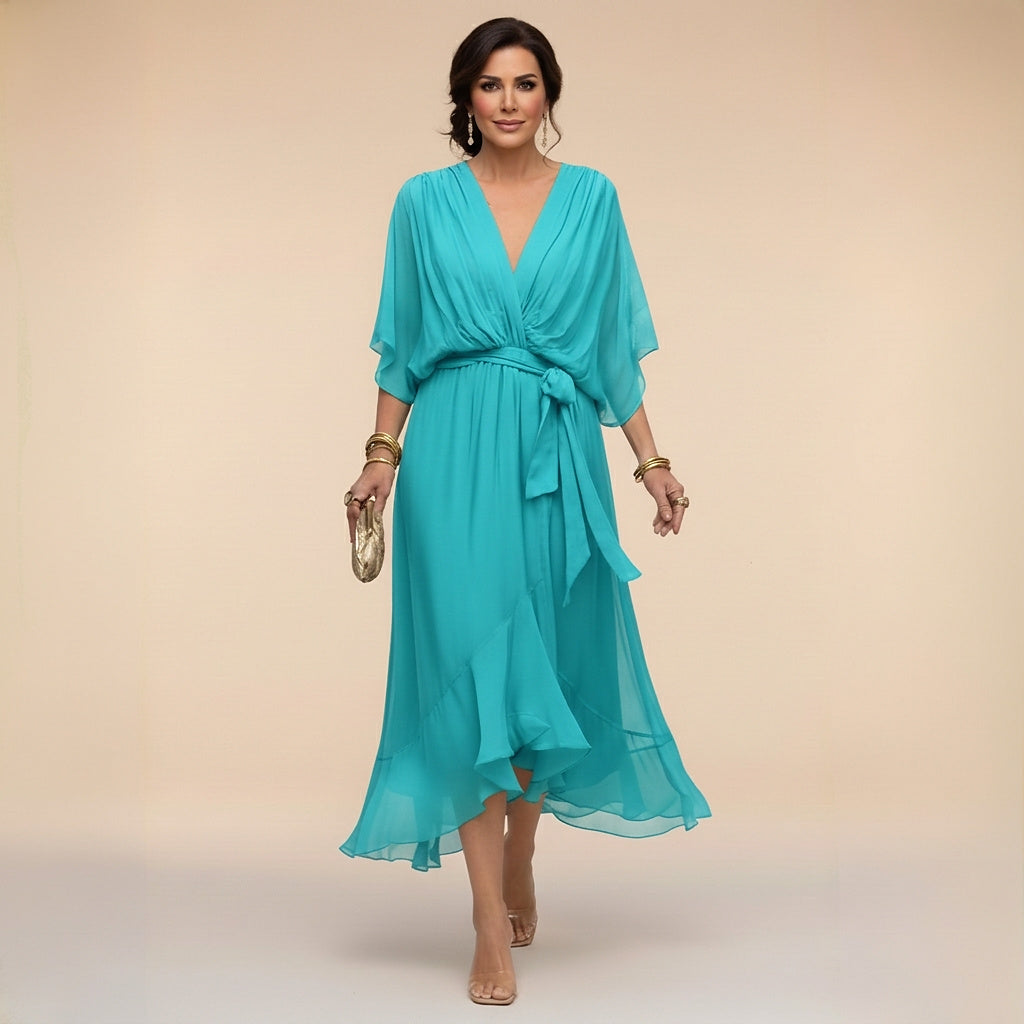 Vestido midi con cuello en V y lazo en la cintura para mujer-Midi Dress-Casaluzia
