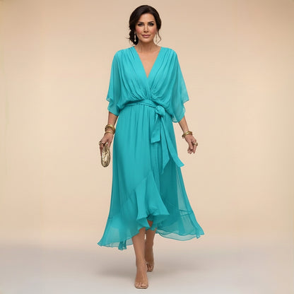 Vestido midi con cuello en V y lazo en la cintura para mujer-Midi Dress-Casaluzia