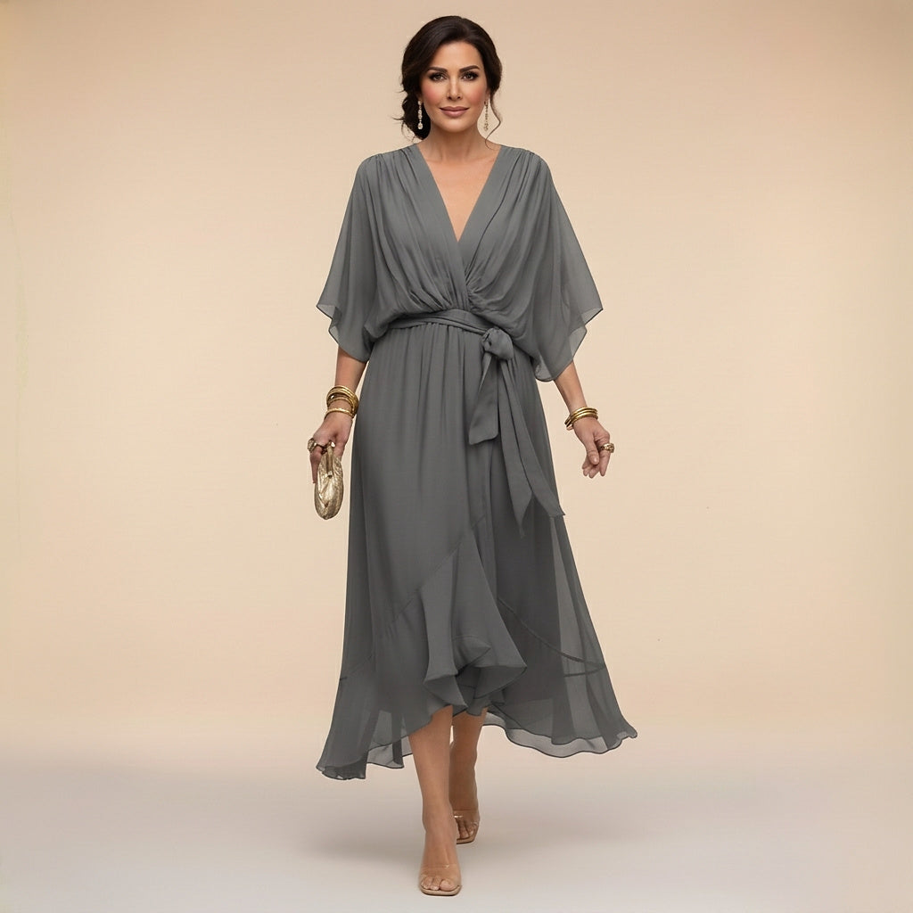 Vestido midi con cuello en V y lazo en la cintura para mujer-Midi Dress-Casaluzia