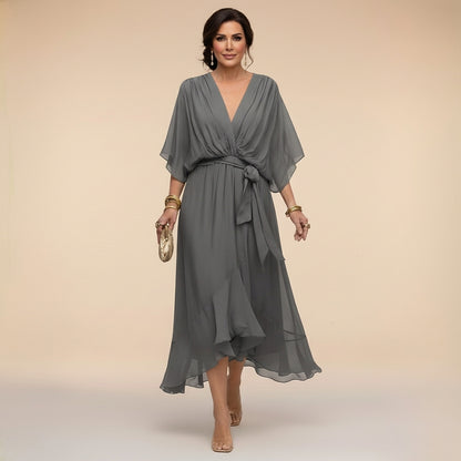 Vestido midi con cuello en V y lazo en la cintura para mujer-Midi Dress-Casaluzia