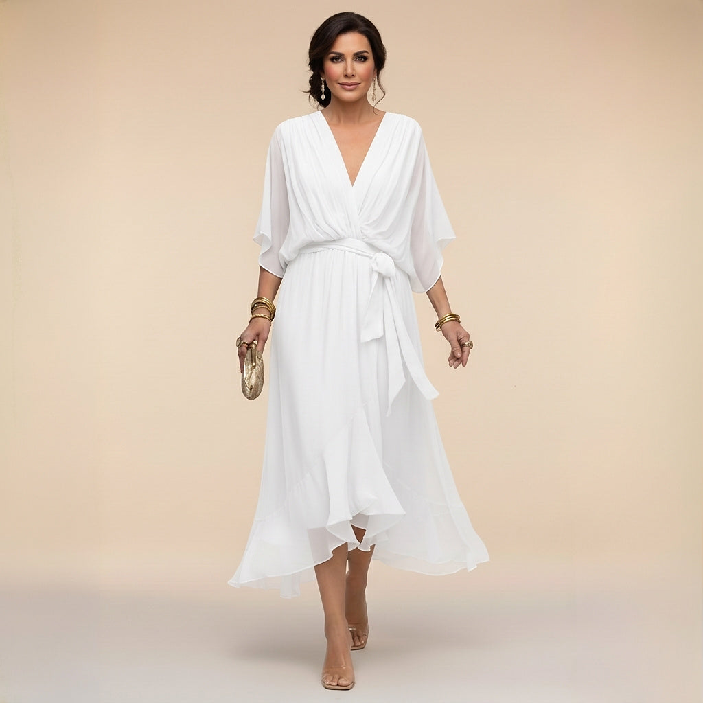 Vestido midi con cuello en V y lazo en la cintura para mujer-Midi Dress-Casaluzia