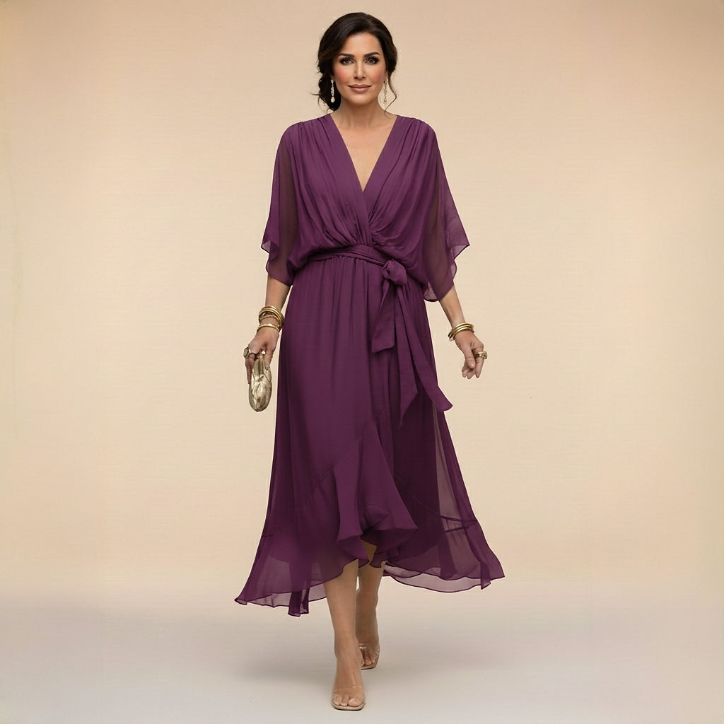 Vestido midi con cuello en V y lazo en la cintura para mujer-Midi Dress-Casaluzia
