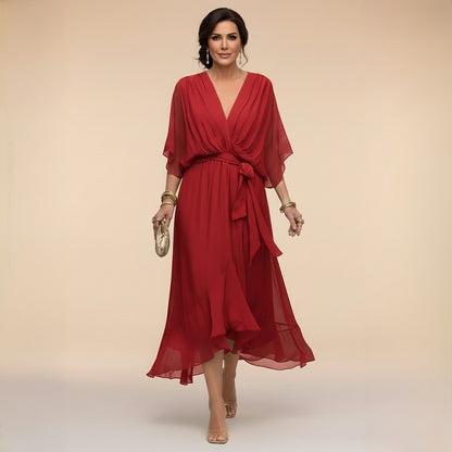 Vestido midi con cuello en V y lazo en la cintura para mujer-Midi Dress-Casaluzia