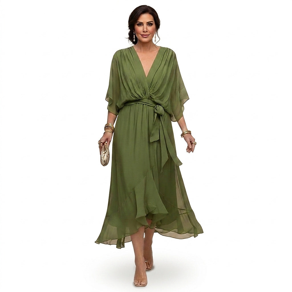 Vestido midi con cuello en V y lazo en la cintura para mujer-Midi Dress-Casaluzia