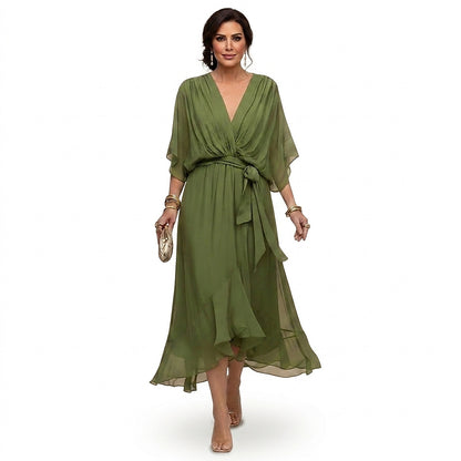 Vestido midi con cuello en V y lazo en la cintura para mujer-Midi Dress-Casaluzia