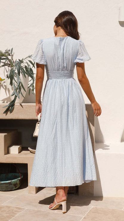 Vestido Midi con Escote en V, Botones Frontales, Mangas Abullonadas y Cintura Fruncida-Midi Dress-Casaluzia