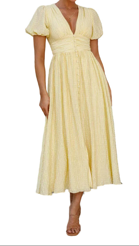 Vestido Midi con Escote en V, Botones Frontales, Mangas Abullonadas y Cintura Fruncida-Midi Dress-Casaluzia