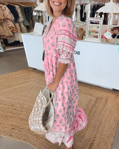Vestido midi con estampado floral y cuello en V para mujer-Midi Dress-Casaluzia