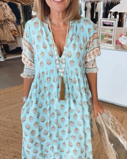 Vestido midi con estampado floral y cuello en V para mujer-Midi Dress-Casaluzia