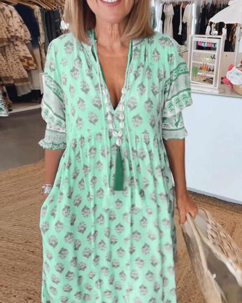 Vestido midi con estampado floral y cuello en V para mujer-Midi Dress-Casaluzia