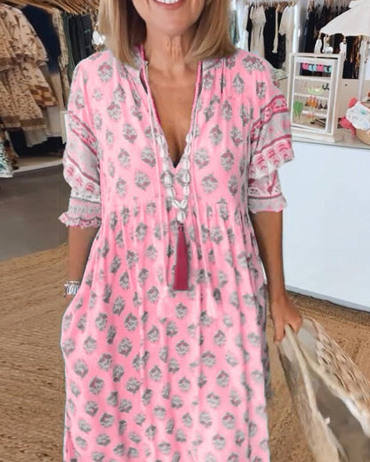 Vestido midi con estampado floral y cuello en V para mujer-Midi Dress-Casaluzia