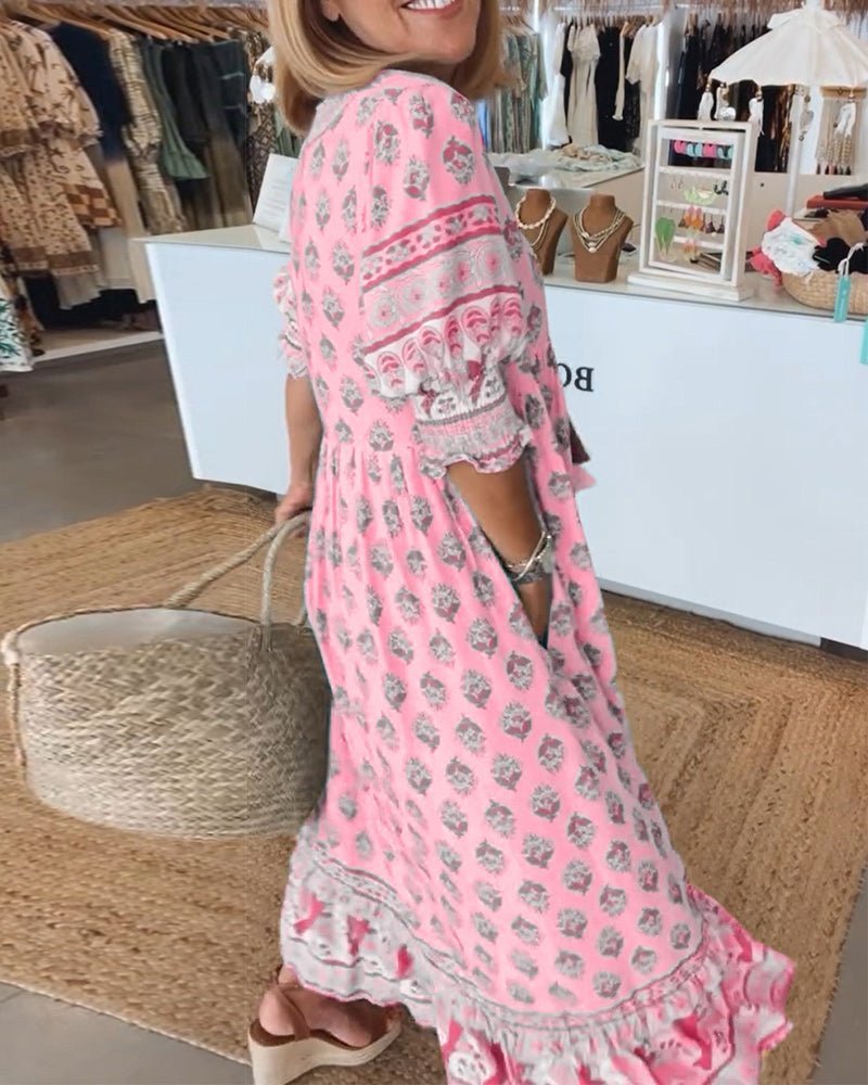 Vestido midi con estampado floral y cuello en V para mujer-Midi Dress-Casaluzia