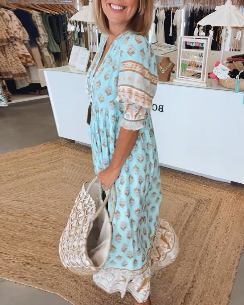 Vestido midi con estampado floral y cuello en V para mujer-Midi Dress-Casaluzia