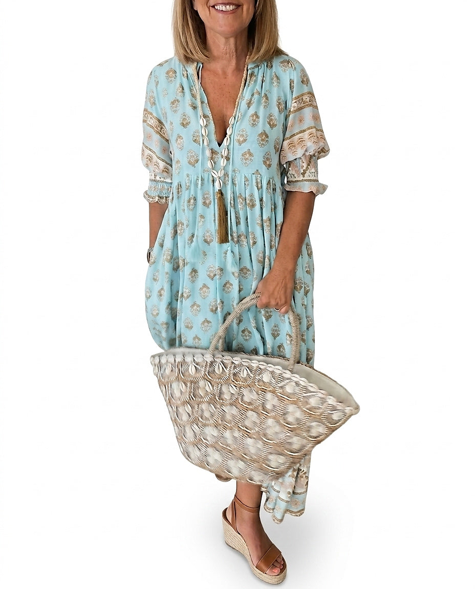 Vestido midi con estampado floral y cuello en V para mujer-Midi Dress-Casaluzia