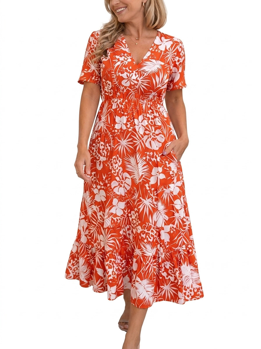 Vestido midi con estampado floral y cuello en V para mujer-Midi Dress-Casaluzia