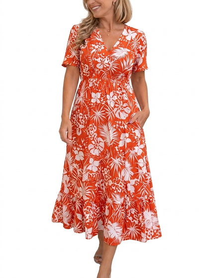 Vestido midi con estampado floral y cuello en V para mujer-Midi Dress-Casaluzia